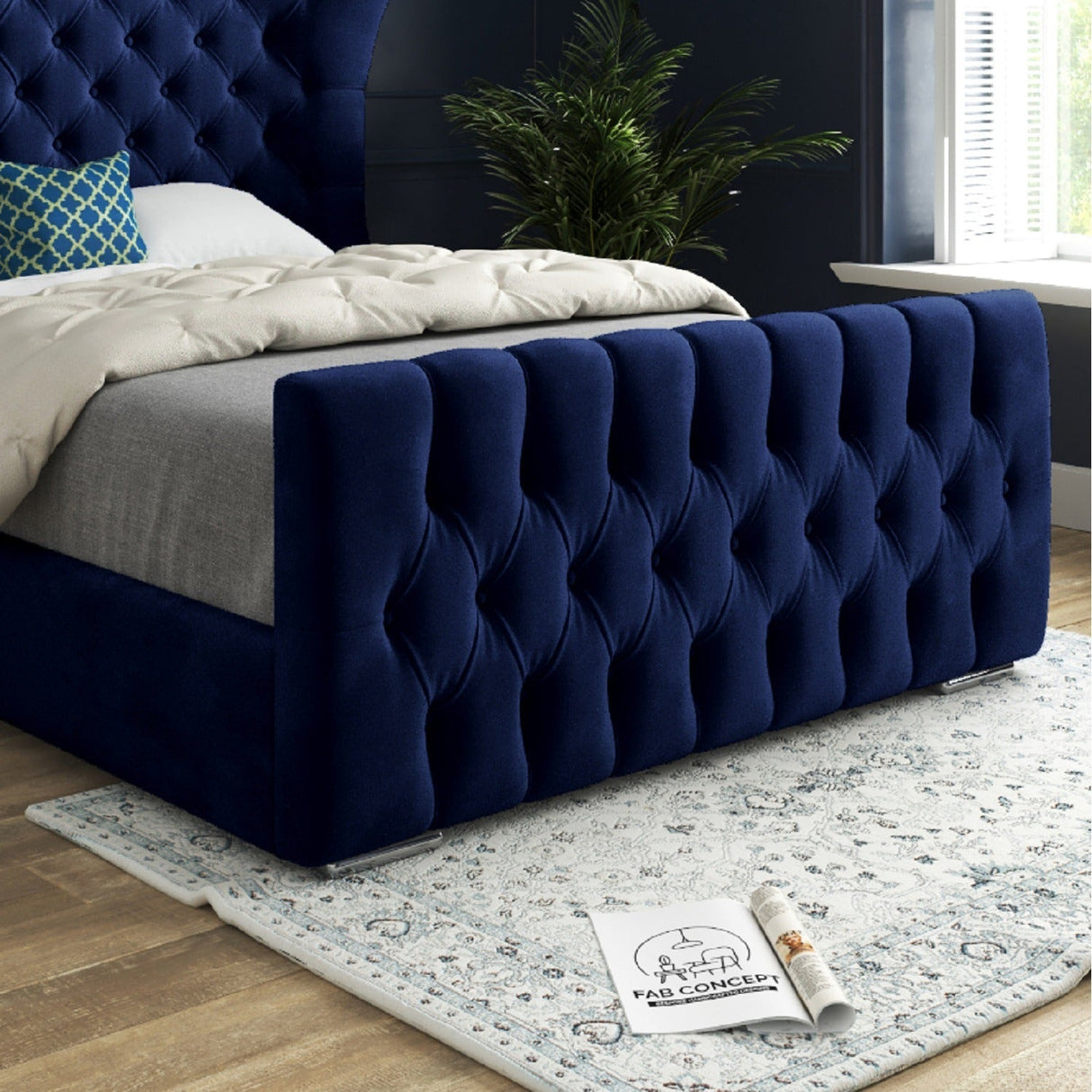 Wingback Wide Curved Upholstered Soft Velvet Fabric Button Bed Frame (Blue)