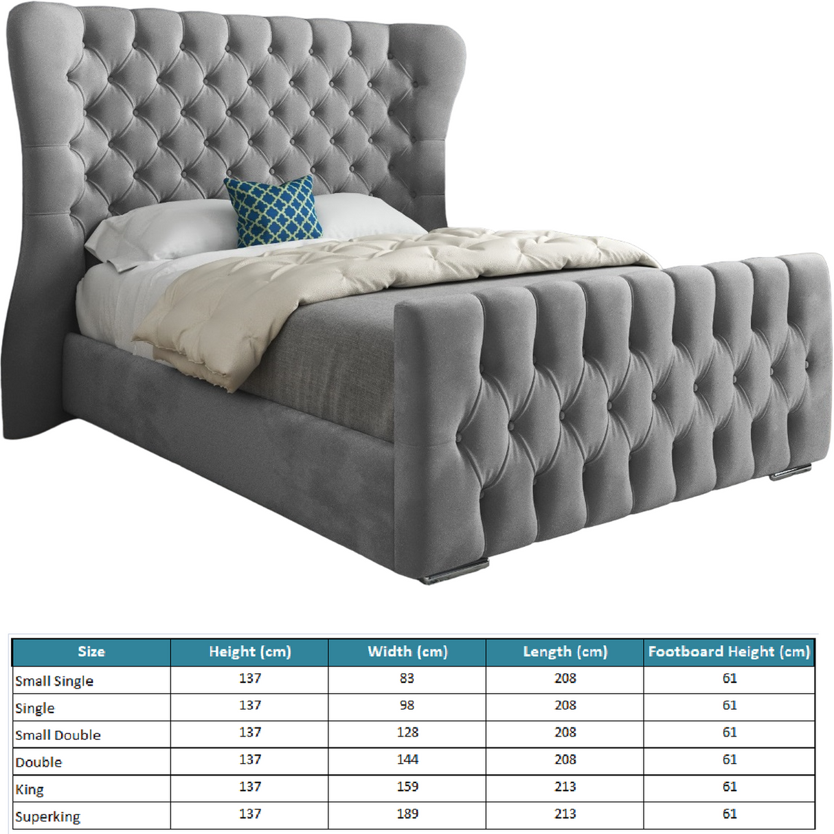 Wingback Wide Curved Upholstered Soft Velvet Fabric Button Bed Frame (Grey)