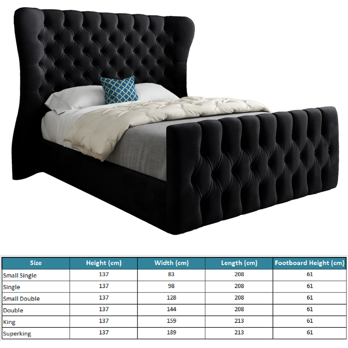 Wingback Wide Curved Upholstered Soft Velvet Fabric Button Bed Frame (Black)