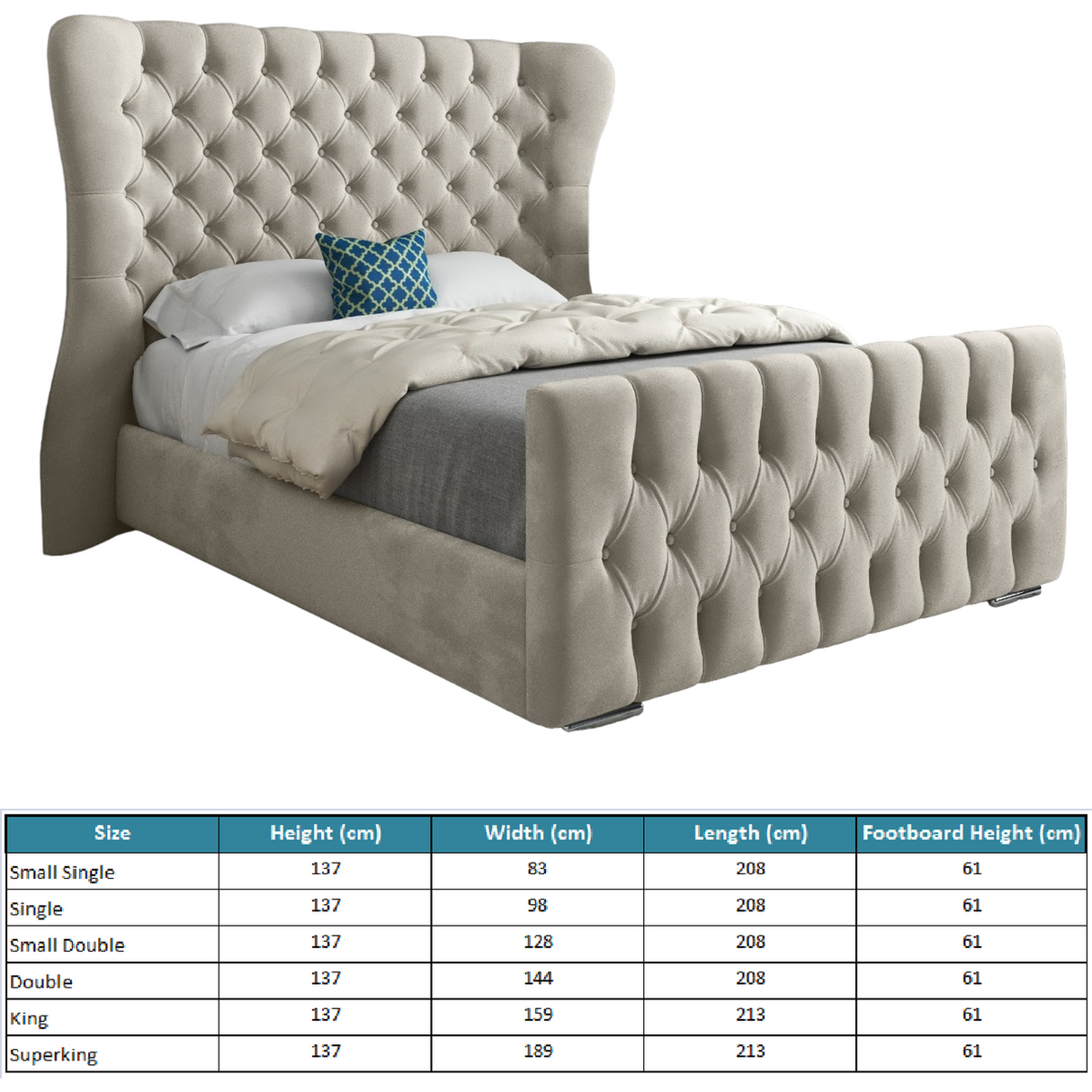 Wingback Wide Curved Upholstered Soft Velvet Fabric Button Bed Frame (Cream)