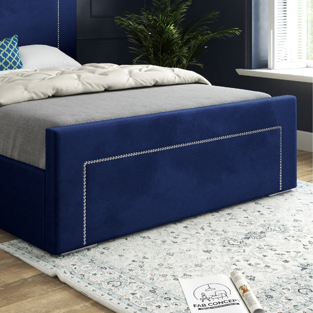 Laura Beaded-Stud Upholstered Soft Velvet Fabric Bed Frame (Blue)