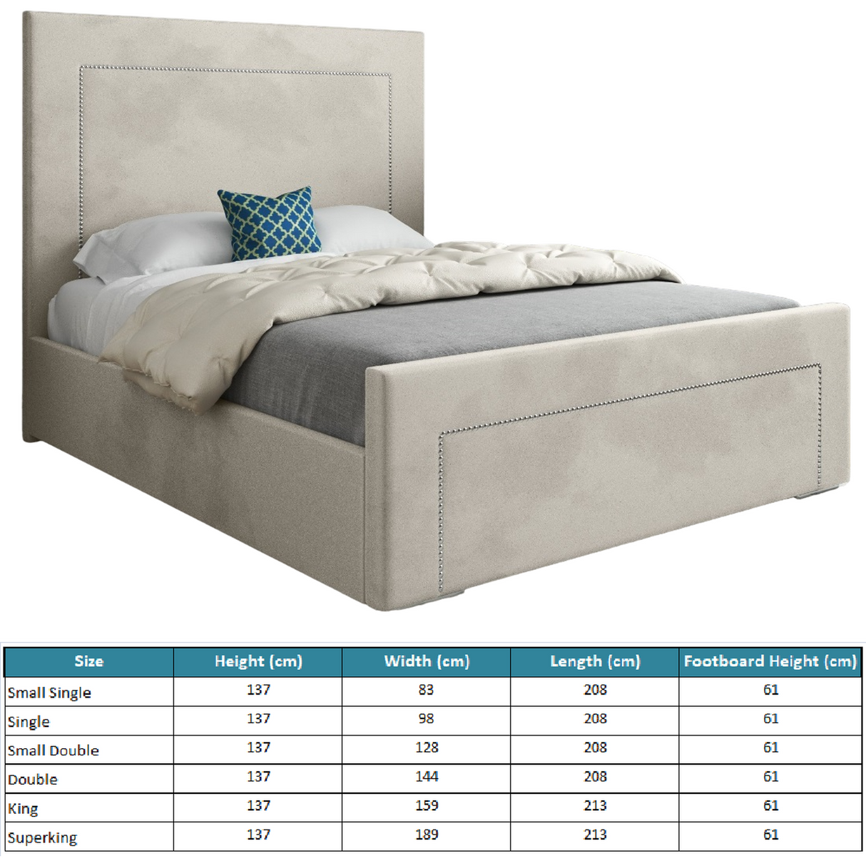 Laura Beaded-Stud Upholstered Soft Velvet Fabric Bed Frame (Cream)