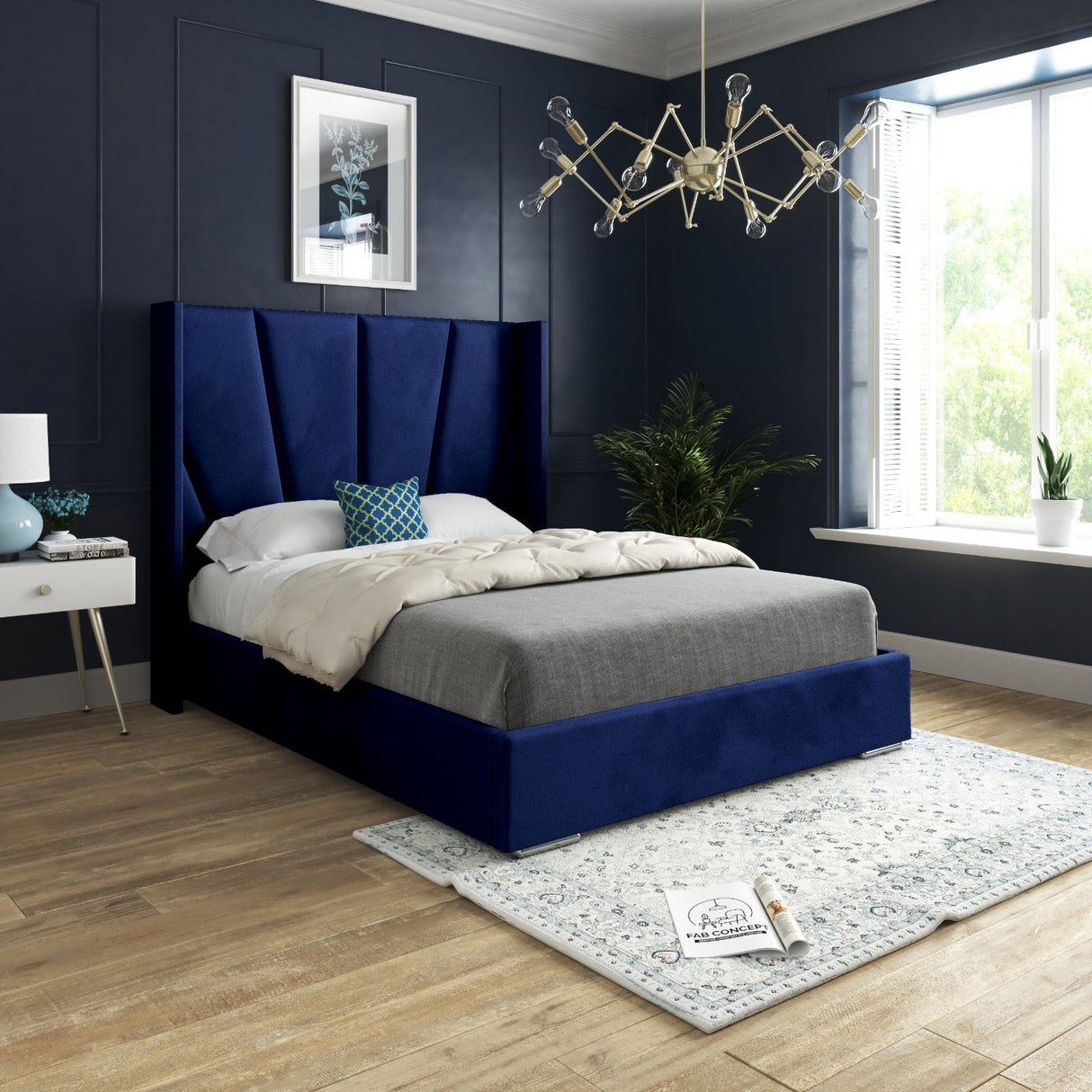 Vienna Wide Curved Winged Upholstered Soft Velvet Fabric Bed Frame (Blue)