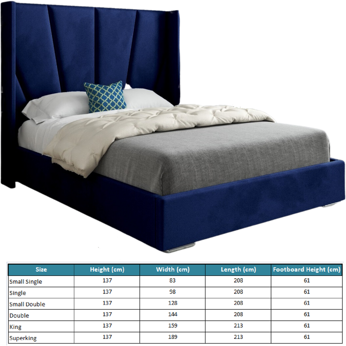 Vienna Wide Curved Winged Upholstered Soft Velvet Fabric Bed Frame (Blue)