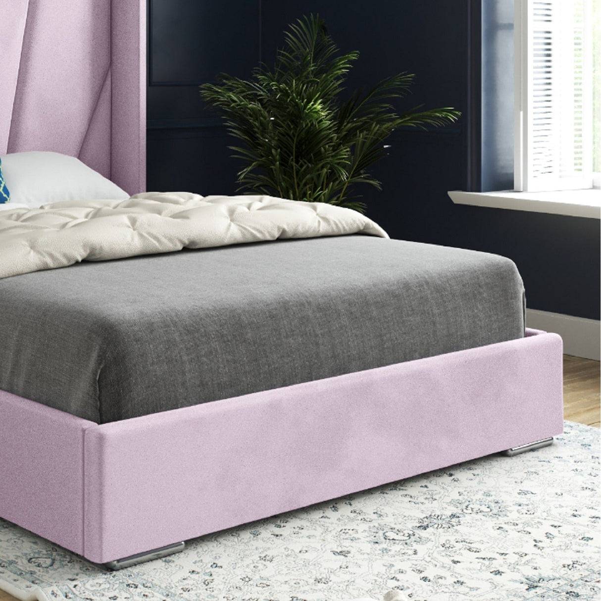 Vienna Wide Curved Winged Upholstered Soft Velvet Fabric Bed Frame Pink