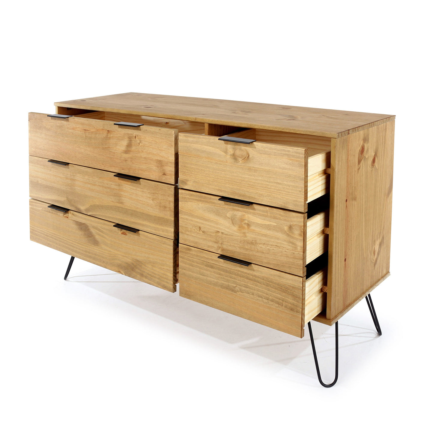 Augusta Pine 3+3 Drawer Wide Chest With Hairpin Legs