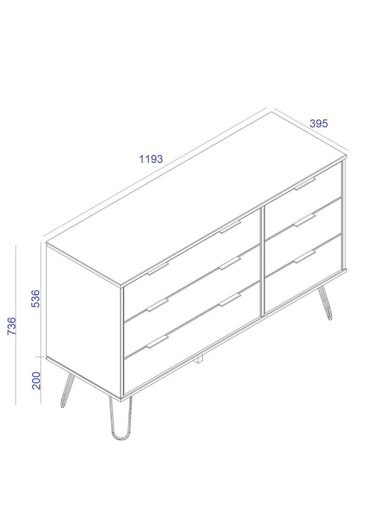 Augusta Pine 3+3 Drawer Wide Chest With Hairpin Legs