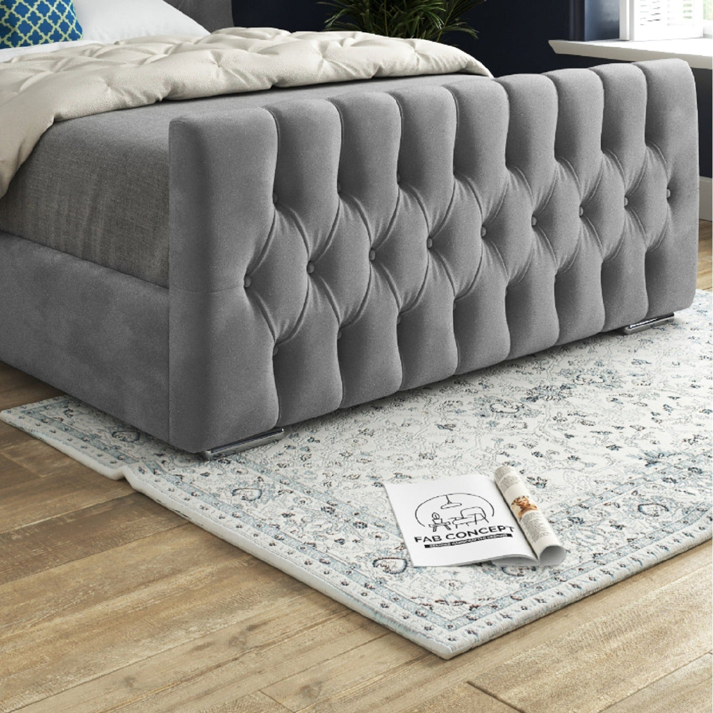 Wingback Wide Curved Upholstered Soft Velvet Fabric Button Bed Frame (Grey)