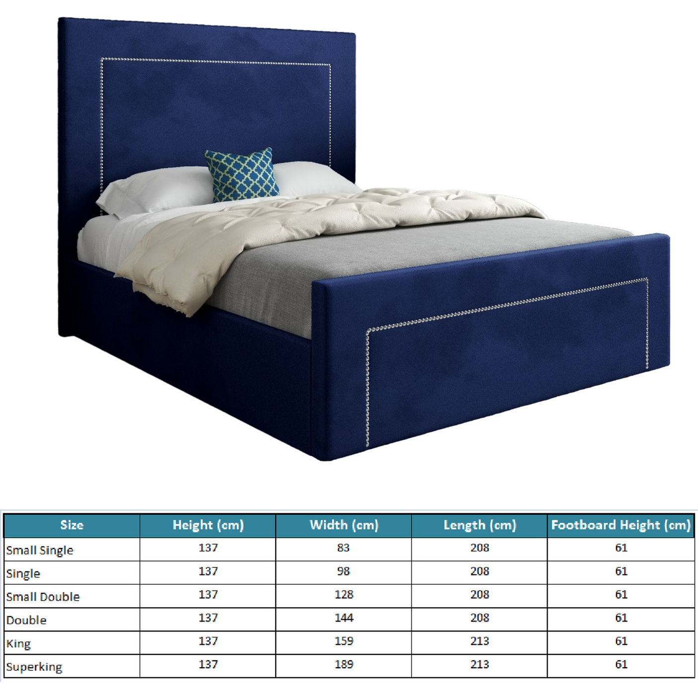 Laura Beaded-Stud Upholstered Soft Velvet Fabric Bed Frame (Blue)