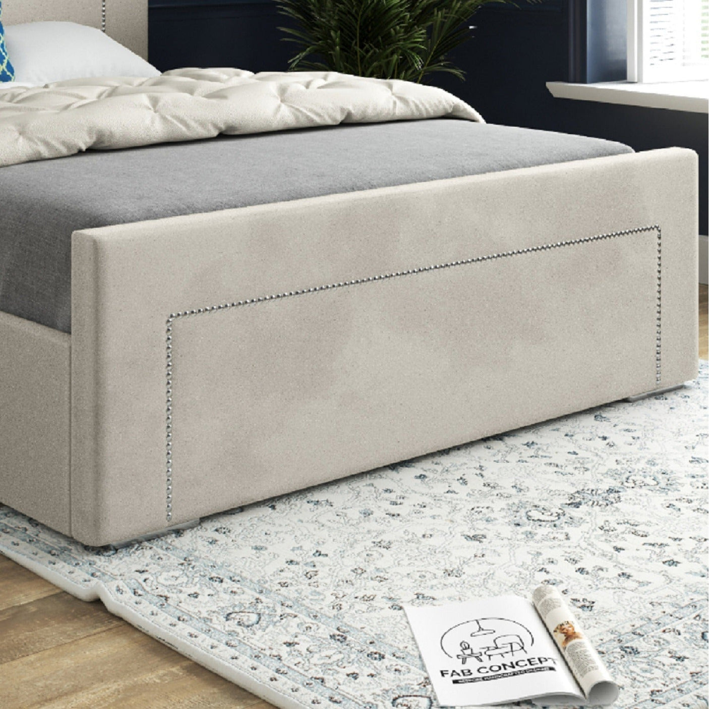 Laura Beaded-Stud Upholstered Soft Velvet Fabric Bed Frame (Cream)